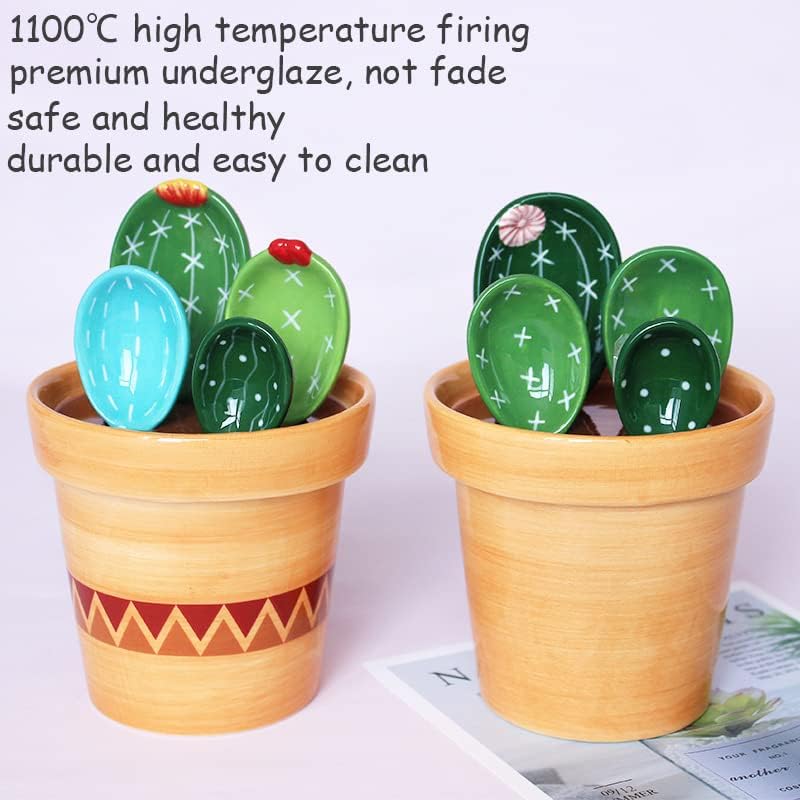 XDONEF Cactus Measuring Spoons Set in Pot Ceramic Cute Measuring Cups and Spoons Unique Baking Gifts for Dry Wet Ingredients Dishwasher Safe 1 Tbsp 1 TSP 1/2 TSP 1/4 TSP 1 Cup Blue - Image 5